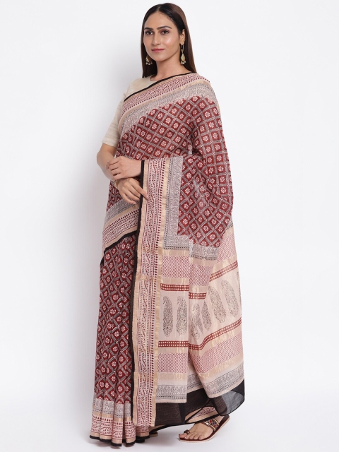 

Fabindia Maroon & Gold-Toned Maheshwari Printed Zari Silk Cotton Bagh Saree