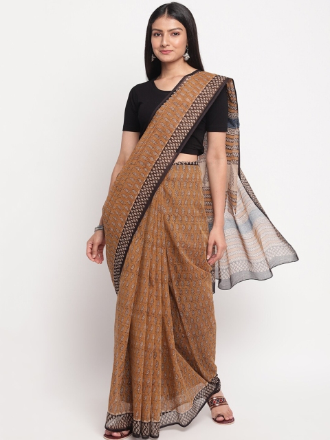 

Fabindia Mustard & Brown Ethnic Motifs Printed Bagru Saree