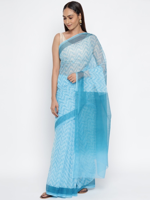 

Fabindia Turquoise Blue & White Block Print Saree