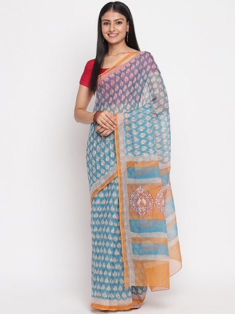 

Fabindia Blue & Orange Floral Block Print Saree