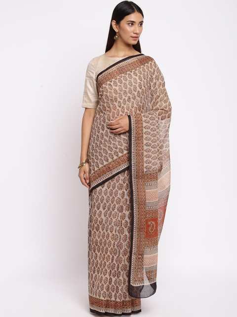 

Fabindia Beige & Brown Floral Bagru Saree