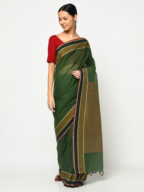 

Fabindia Green & Black Striped Pure Cotton Saree