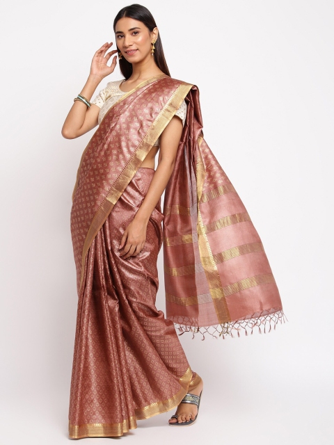 

Fabindia Peach-Coloured & Gold-Toned Zari Pure Silk Block Print Saree