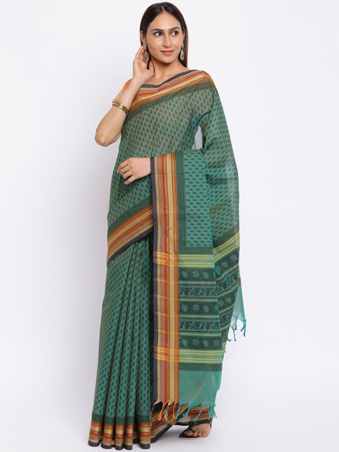 

Fabindia Green & Brown Ethnic Motifs Printed Pure Cotton Block Print Saree