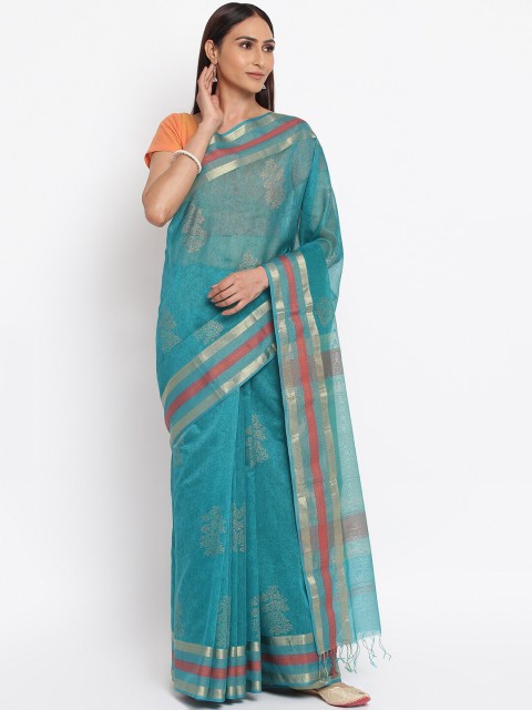 

Fabindia Teal & Red Floral Maheshwari Block Print Saree