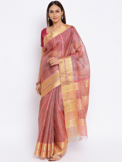 

Fabindia Pink & Gold-Toned Floral Block Print Silk Tussar Saree