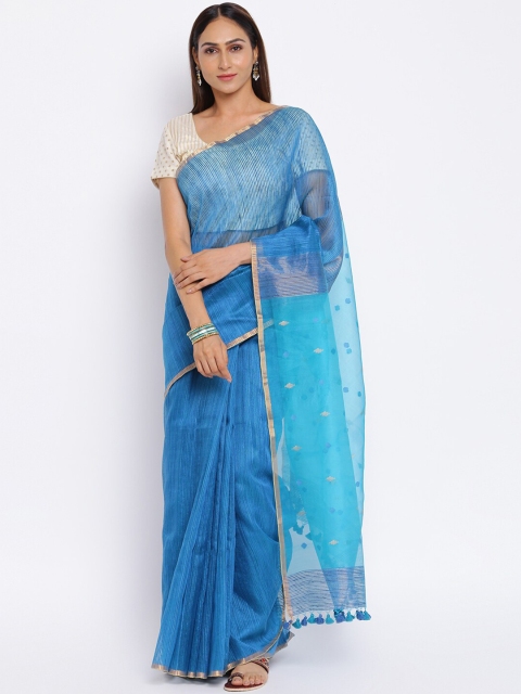

Fabindia Blue Striped Pure Silk Jamdani Saree
