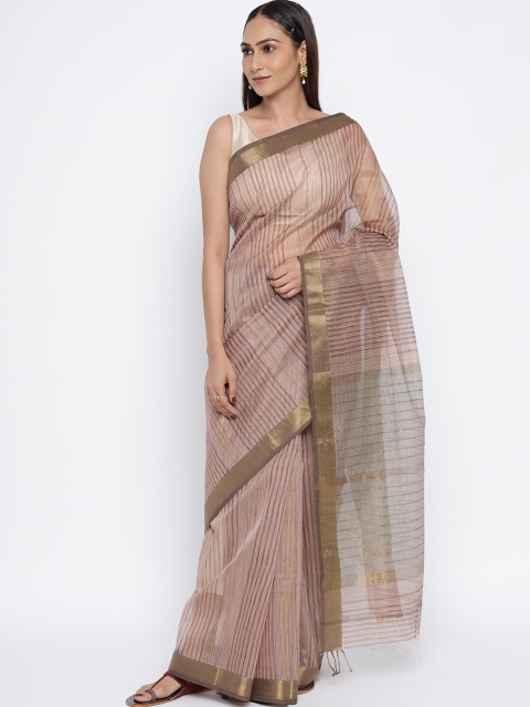 

Fabindia Pink & White Striped Maheshwari Saree
