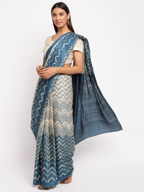 

Fabindia Blue & Beige Geometric Printed Saree