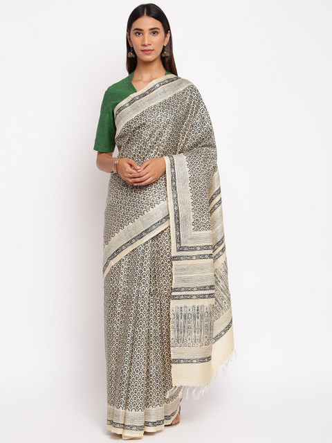 

Fabindia Black & Cream Geometric Block Printed Pure Silk Saree
