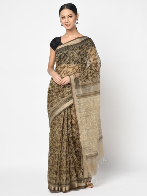 

Fabindia Beige & Olive Green Floral Block Print Saree