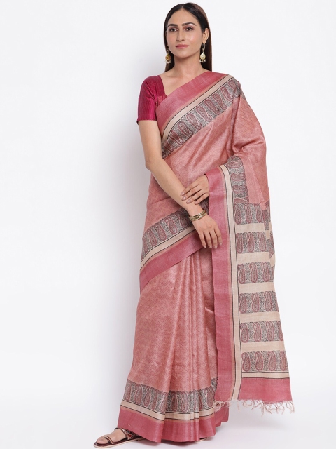 

Fabindia Pink & Silver-Toned Ethnic Motifs Pure Silk Block Print Saree