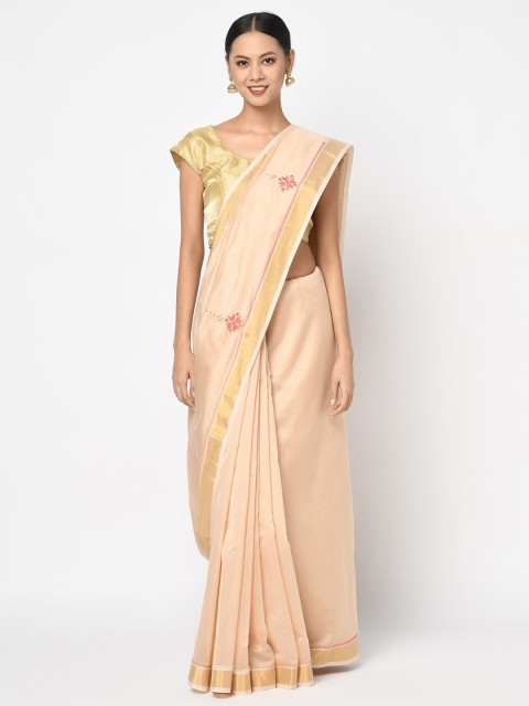 

Fabindia Peach-Coloured & Gold-Coloured Ethnic Motifs Embroidered Mirror Work Saree