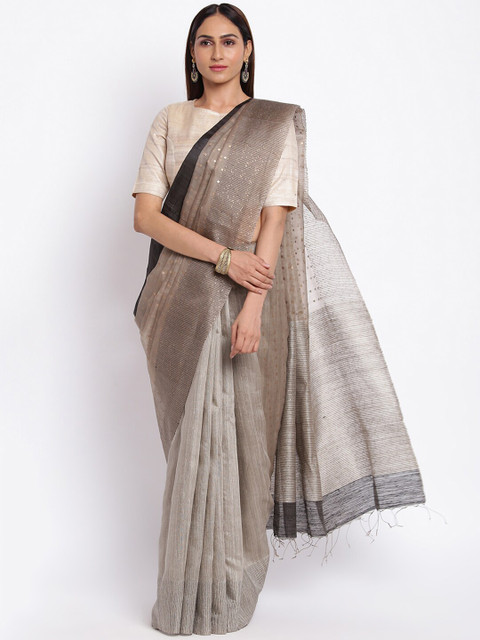 

Fabindia Grey & Gold-Toned Woven Design Zari Pure Silk Jamdani Saree