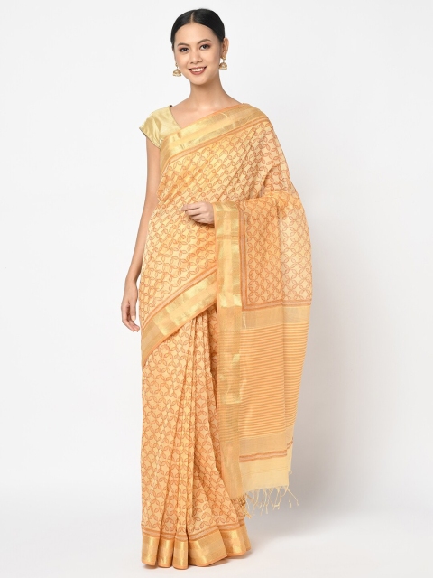 

Fabindia Yellow Floral Printed Maheshwari Silk Saree