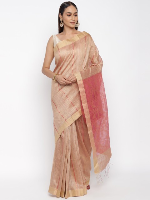 

Fabindia Beige & Pink Striped Silk Blend Saree