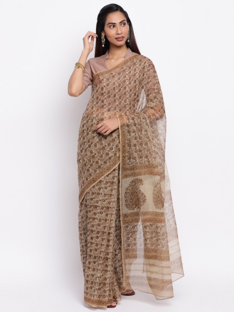 

Fabindia Brown & Beige Floral Block Print Saree