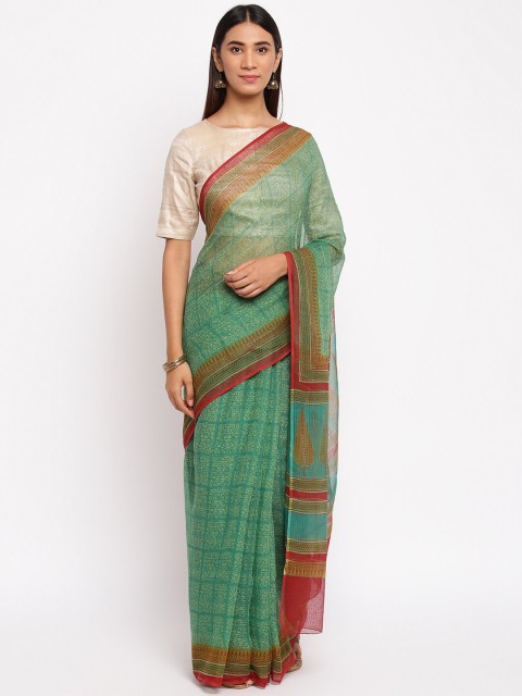 

Fabindia Green & Red Floral Block Print Saree