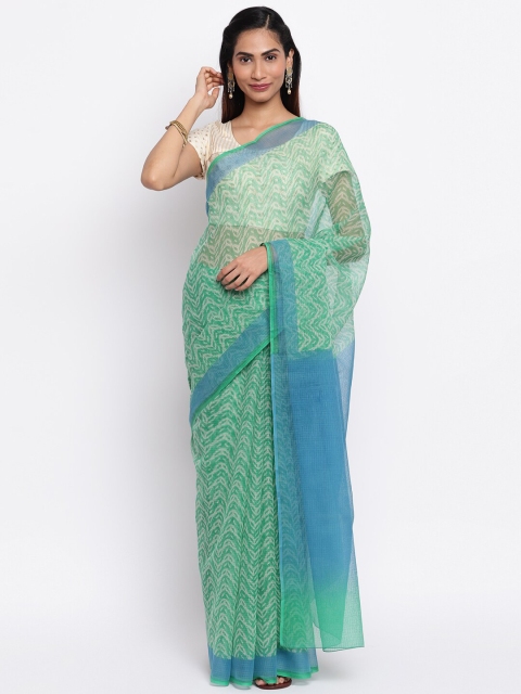 

Fabindia Teal Blue & Green Floral Printed Silk Cotton Block Print Saree