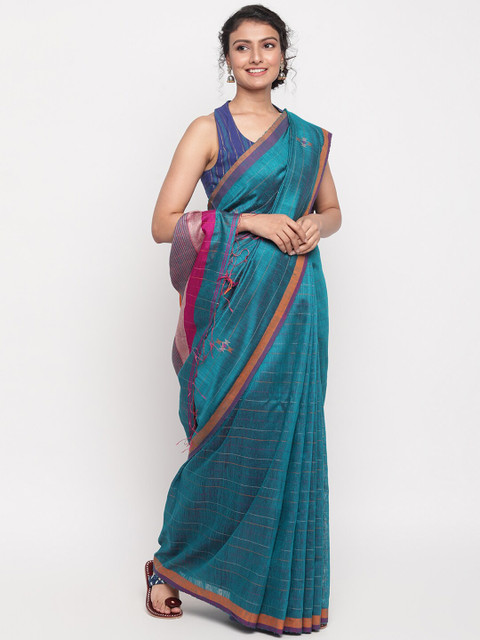 

Fabindia Teal & Orange Woven Design Pure Silk Saree