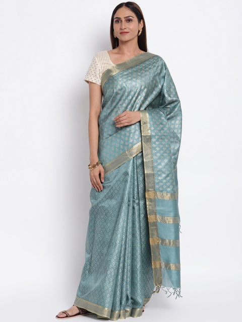 

Fabindia Turquoise Blue & Gold-Toned Ethnic Motifs Zari Pure Silk Block Print Saree