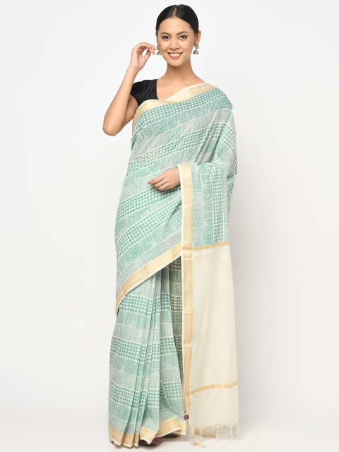 

Fabindia Beige & Green Geometric Printed Pure Cotton Saree