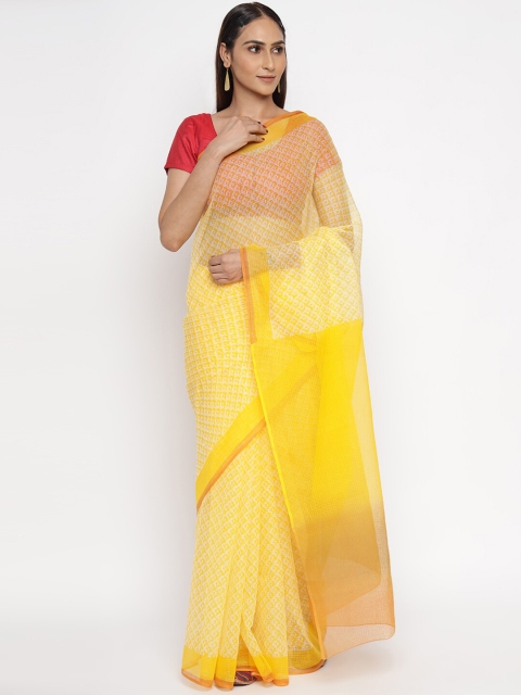 

Fabindia Yellow Floral Block Print Saree