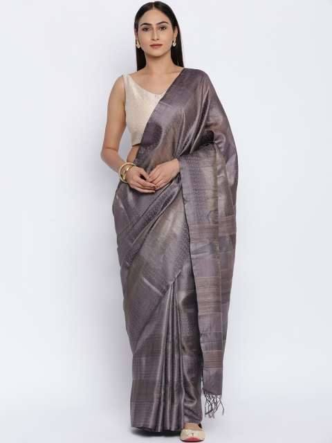 

Fabindia Grey Floral Zari Tussar Silk Saree