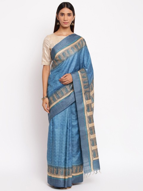 

Fabindia Blue & Beige Paisley Pure Silk Block Print Saree