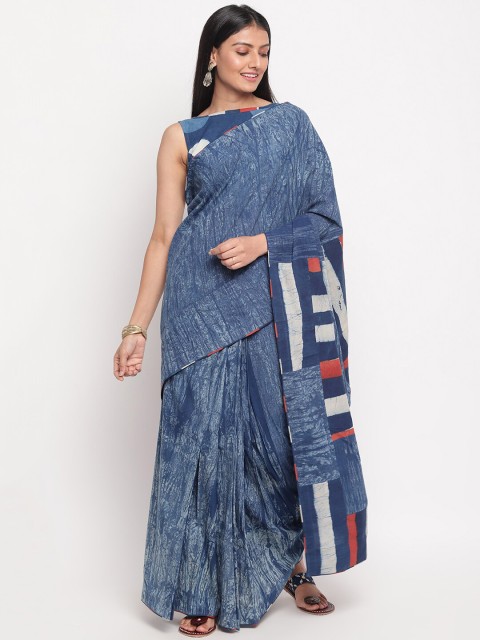 

Fabindia Navy Blue & White Pure Cotton Dabu Saree