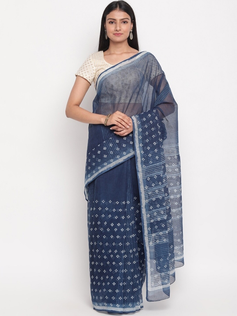 

Fabindia Navy Blue & White Floral Printed Silk Cotton Bagru Saree