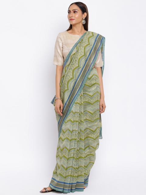 

Fabindia Green & Beige Block Print Saree