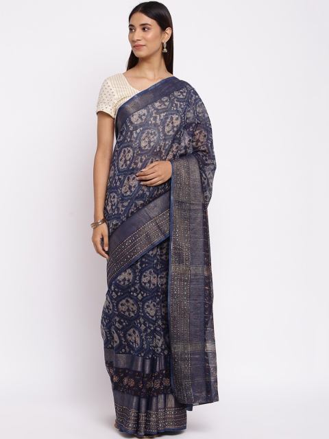 

Fabindia Navy Blue & Off White Floral Zari Maheshwari Block Print Saree
