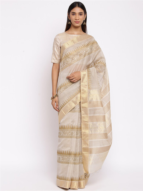 

Fabindia Beige & Off White Woven Design Zari Block Print Saree