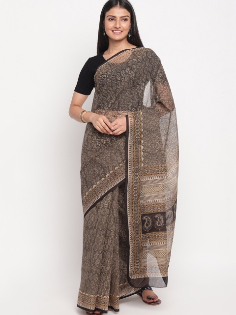 

Fabindia Beige & Black Floral Printed Cotton Silk Bagru Saree