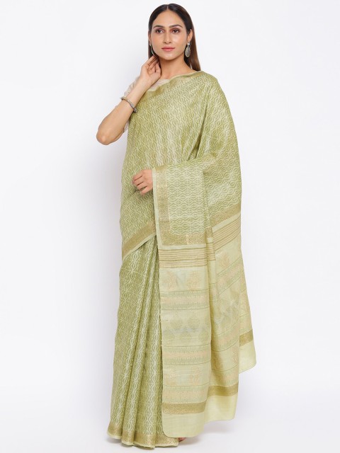 

Fabindia Green & Off White Pure Silk Block Print Saree
