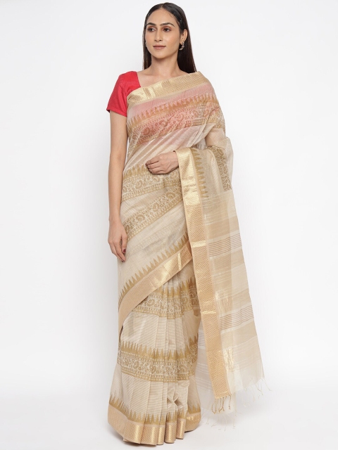 

Fabindia Beige & Gold Floral Block Printed Saree