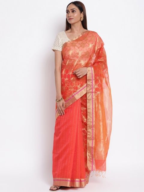 

Fabindia Orange & Gold-Toned Woven Designed Chanderi Saree