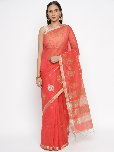 

Fabindia Orange & Gold Ethnic Motifs Printed Chanderi Saree