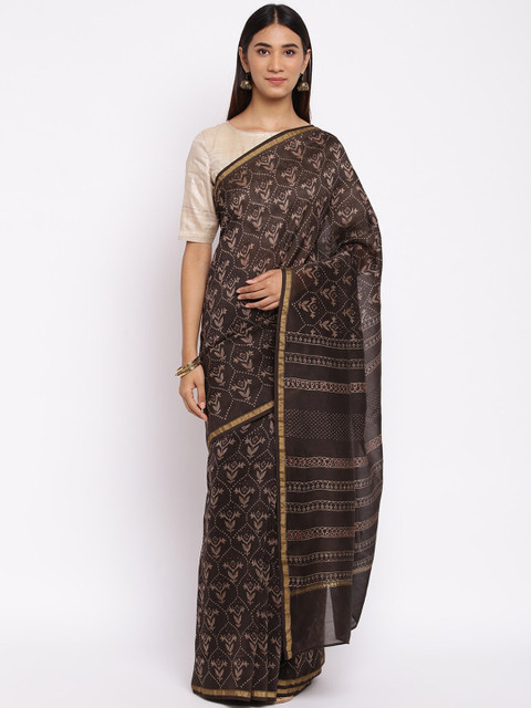 

Fabindia Brown & Pink Floral Block Print Saree