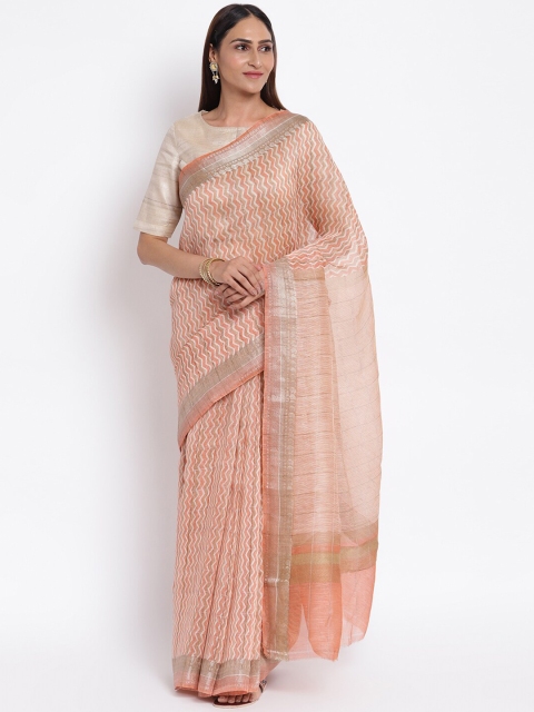 

Fabindia Peach-Coloured Linen Blend Block Print Saree