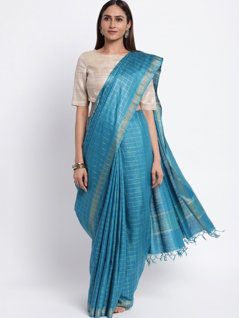 

Fabindia Turquoise Blue & Gold-Toned Checked Pure Silk Saree