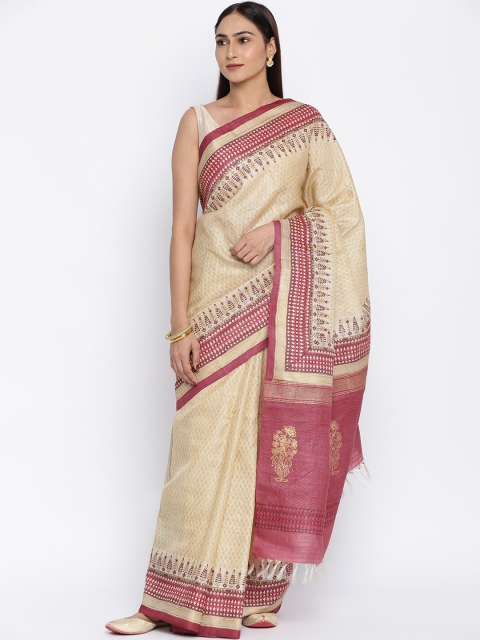 

Fabindia Maroon & Beige Woven Design Pure Silk Block Print Saree