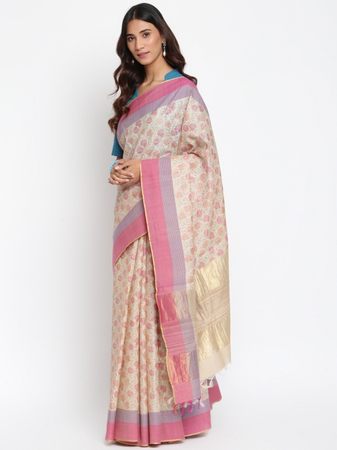 

Fabindia Beige & Pink Floral Zari Pure Silk Block Print Saree