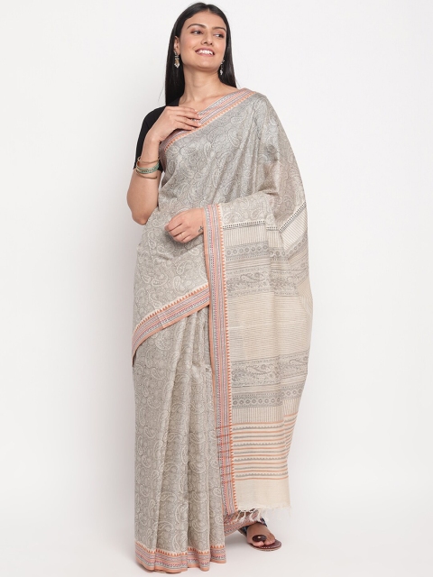 

Fabindia Beige & Grey Ethnic Motifs Silk Blend Block Print Saree