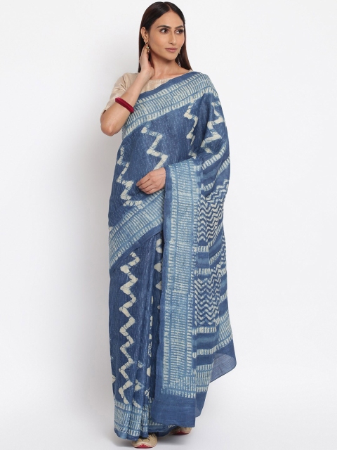 

Fabindia Navy Blue & White Tie and Dye Pure Silk Dabu Saree