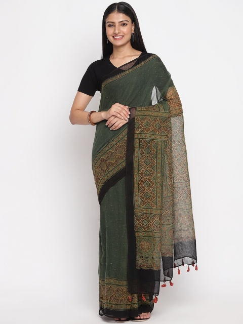 

Fabindia Green & Black Floral Saree