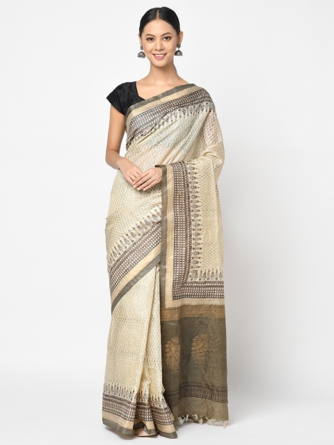 

Fabindia Beige & Grey Floral Zari Pure Silk Block Print Saree