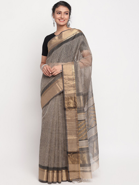 

Fabindia Beige & Black Geometric Block Printed Saree