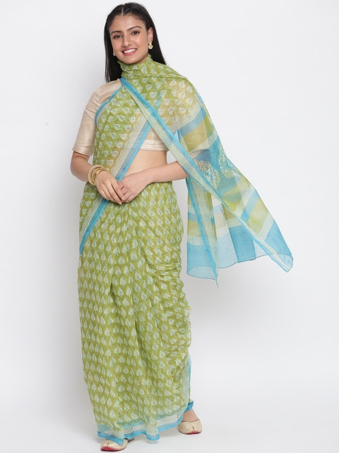 

Fabindia Green & Blue Floral Block Print Saree
